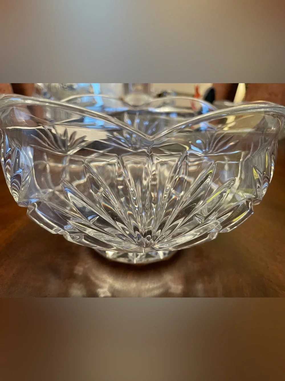 Vintage Clear Cut-Glass Serving Bowl with Scalloped Edge Design